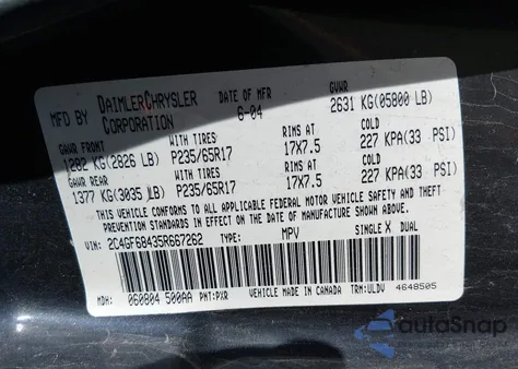 2005 Chrysler Pacifica Touring z USA, uszkodzony, nr VIN 2C4GF68435R667262